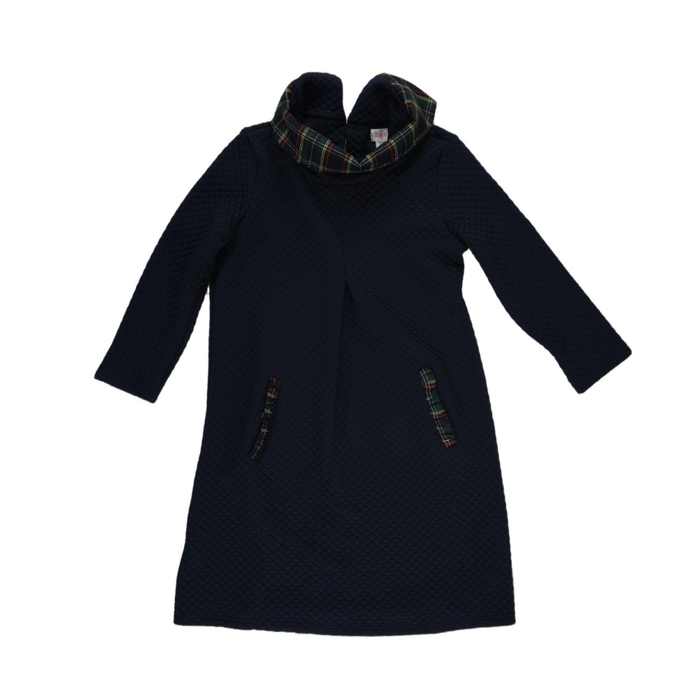 NEW Top It Off Shift Dress Women's Size Small Navy Quilted Plaid Funnel Neck